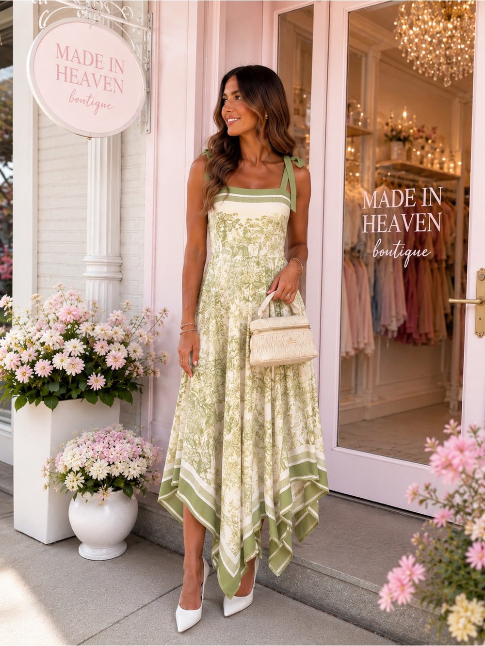 VENICE Green Floral Asymmetrical Maxi Dress